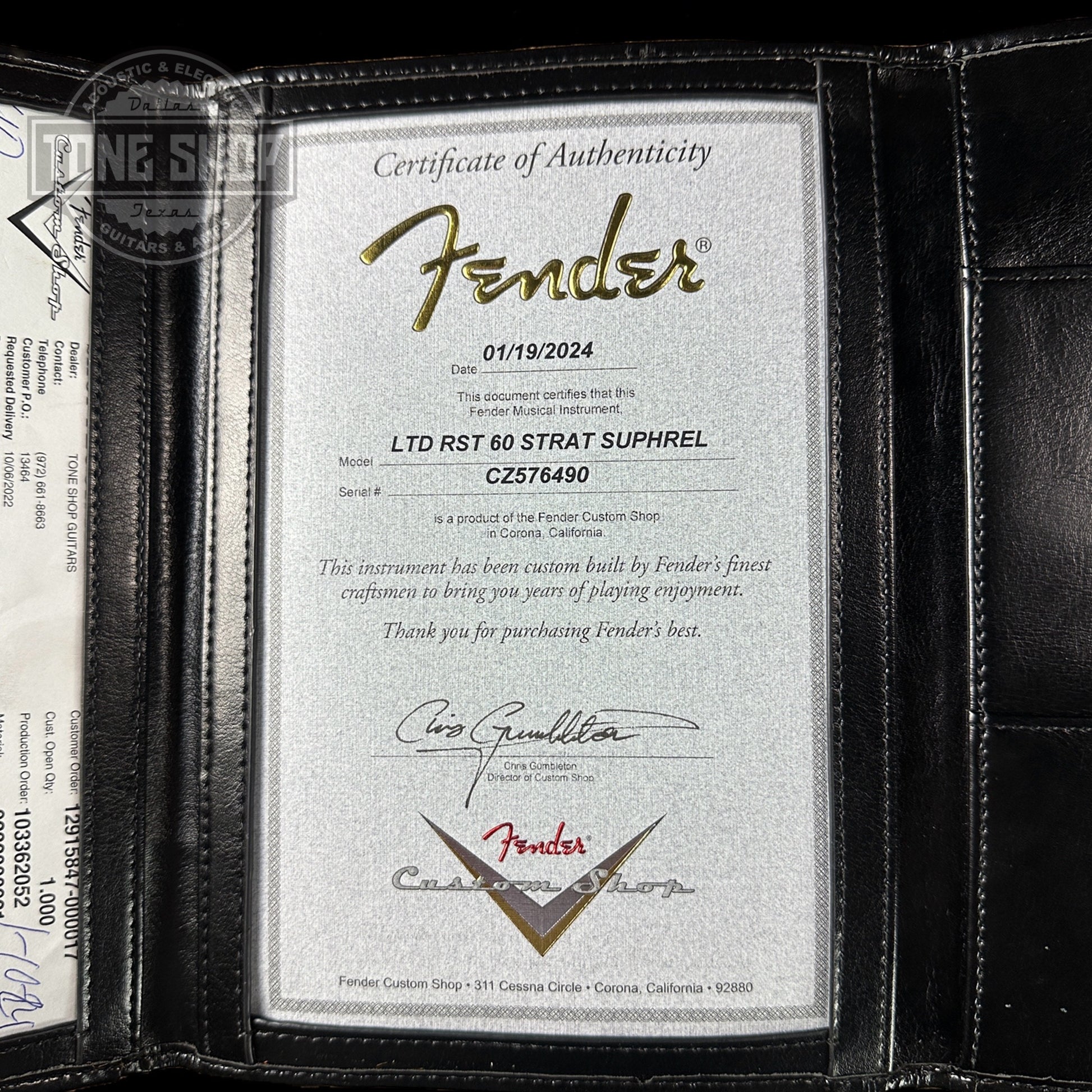 Certificate of authenticity for Fender Custom Shop Limited Edition Roasted '60 Strat Super Heavy Relic Aged Olympic White Over 3 Color Sunburst.