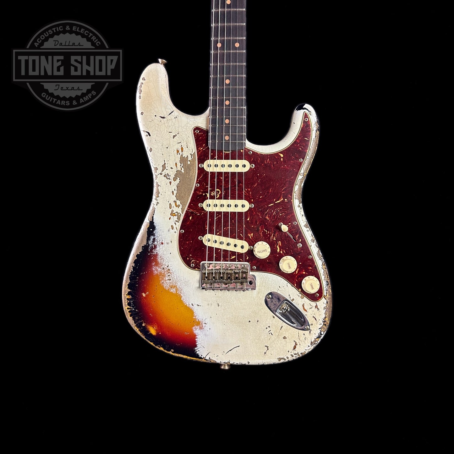 Front of body of Fender Custom Shop Limited Edition Roasted '60 Strat Super Heavy Relic Aged Olympic White Over 3 Color Sunburst.