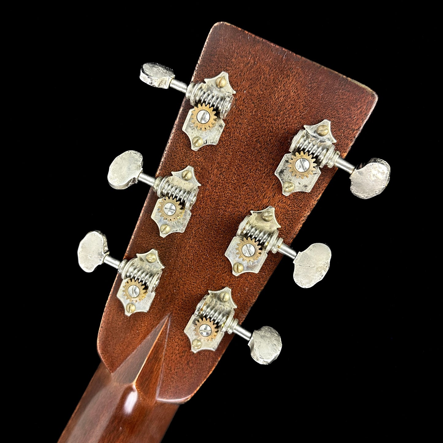 Back of headstock of Martin Custom Shop '37 D-28 Authentic Brazilian Rosewood Stage 1 Aging.