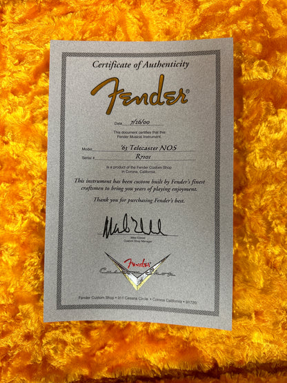 Certificate of authenticity for Used 2000 Fender Custom Shop 63 Telecaster NOS Candy Apple Red.