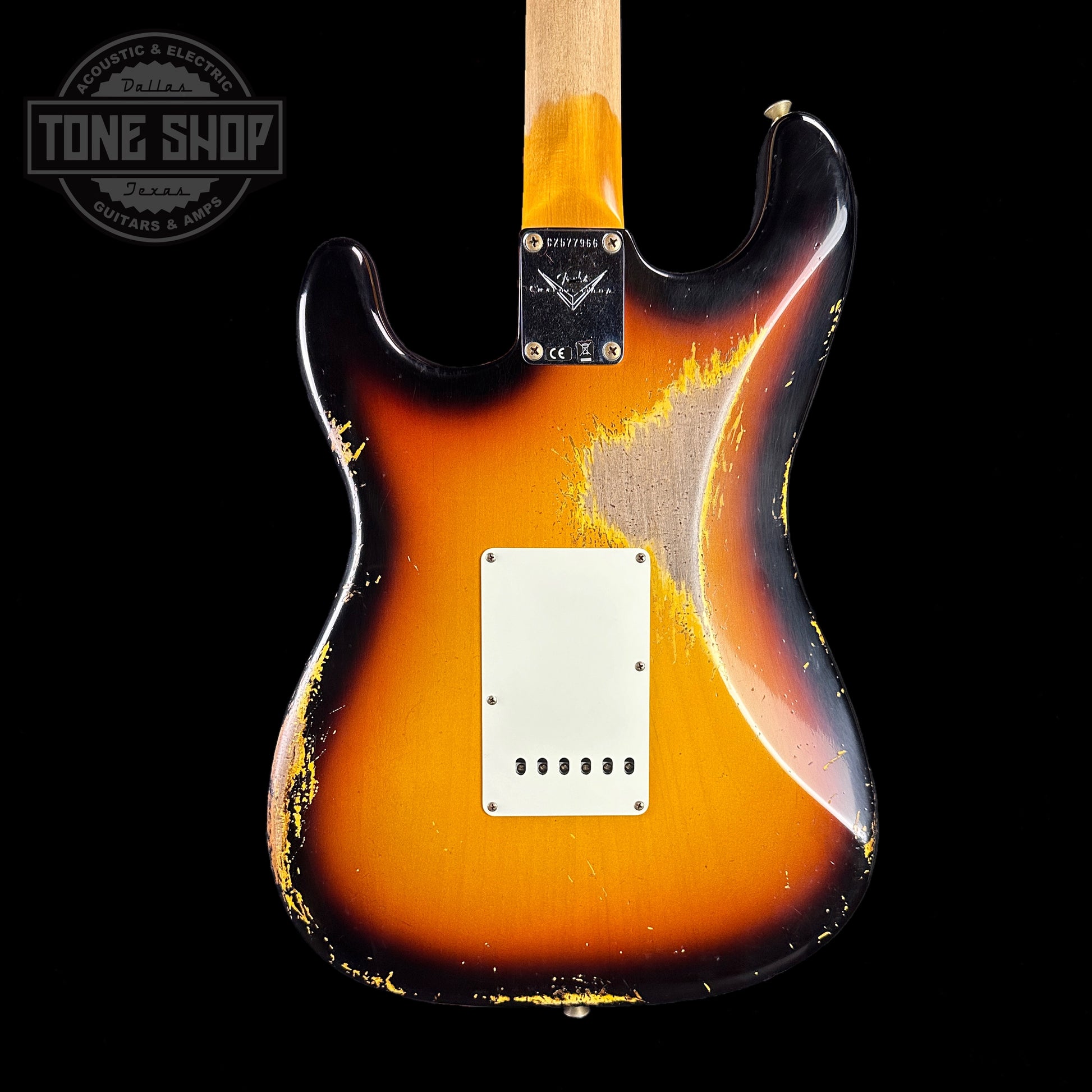 Back of body of Fender Custom Shop 2023 Collection 60 Strat Heavy Relic Faded Aged 3 Color Sunburst.
