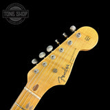 Front of headstock of Fender Custom Shop LTD 70th Anniversary 1954 Stratocaster Ocean Turquoise.