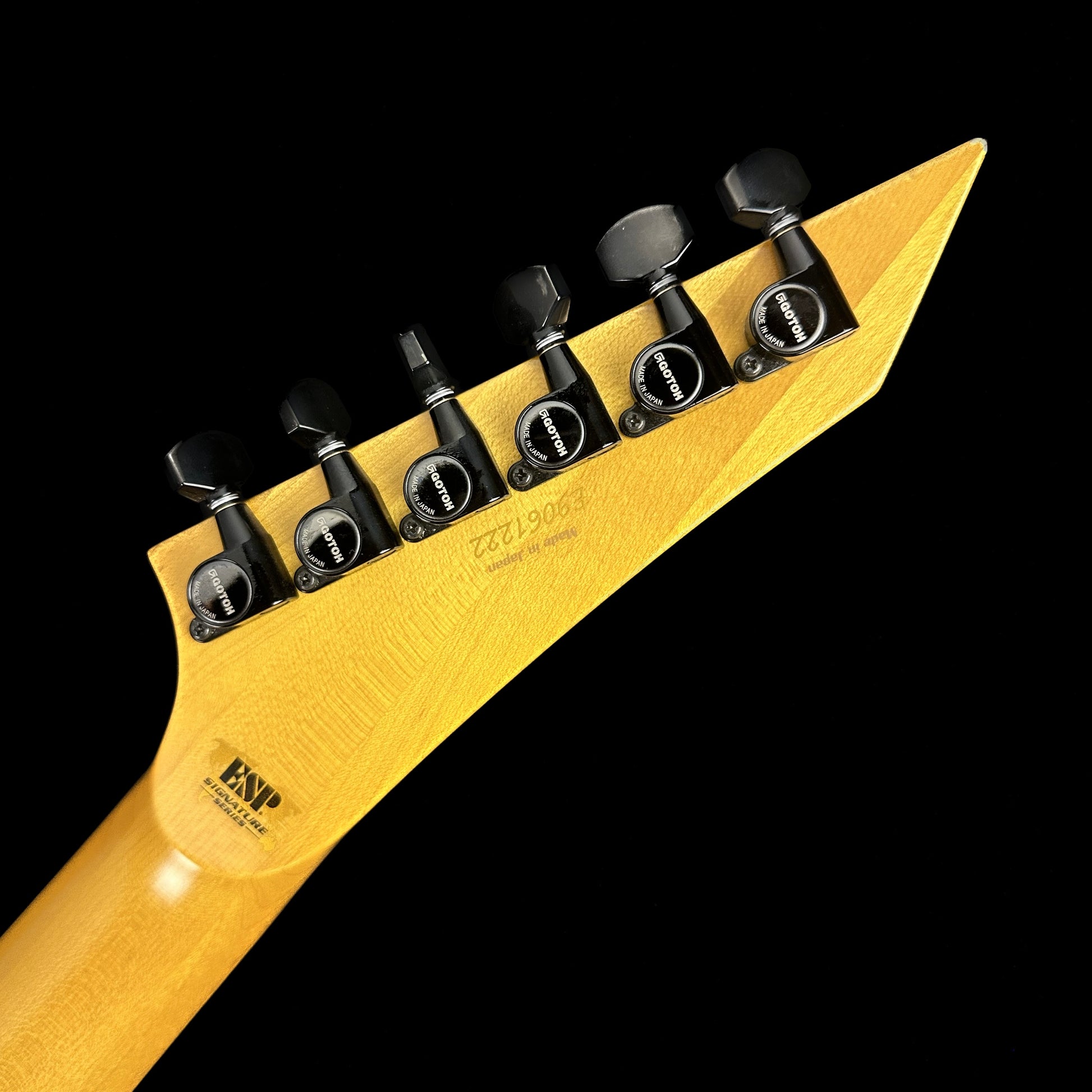 Back of ESP KH-2 Vintage Kirk Hammett Signature Series Distressed Black headstock.