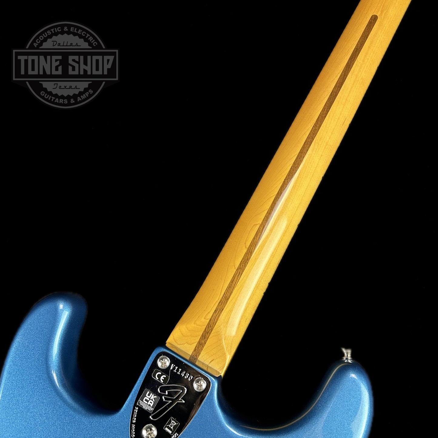 Back of neck of Used Fender American Vintage II 70's Stratocaster Lake Placid Blue.