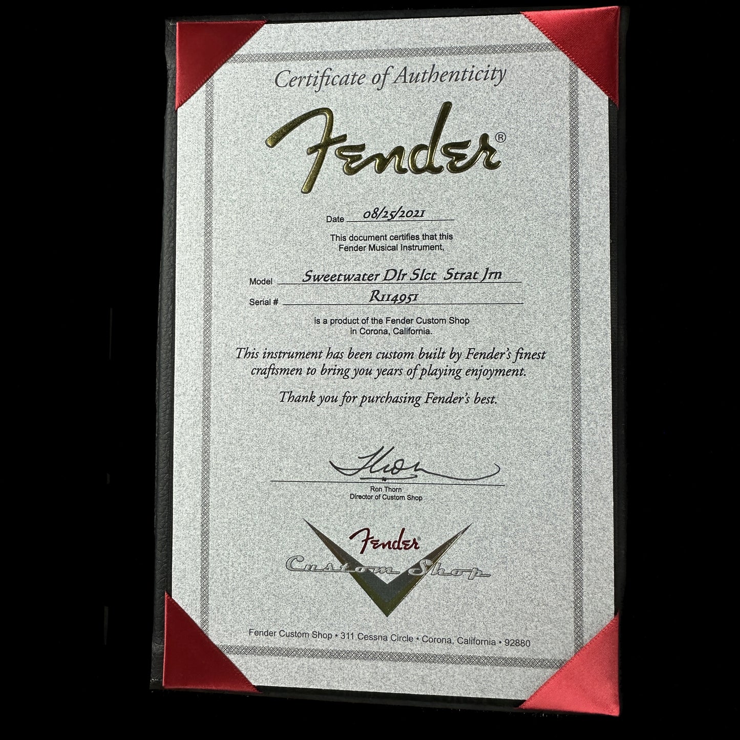 Certificate of authenticity for Used Fender Custom Shop Roasted 60's Stratocaster Journeyman Relic Vintage White.