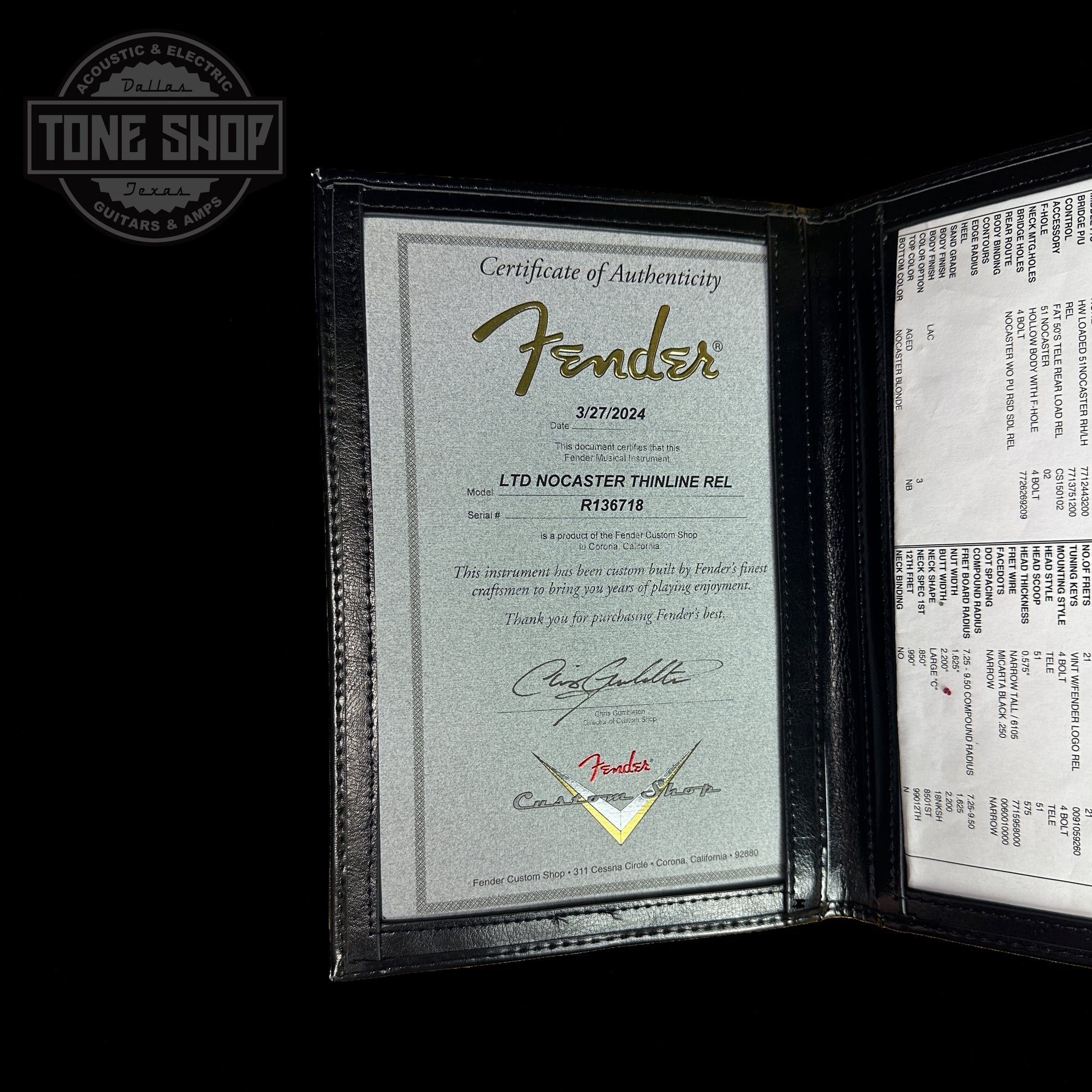 Certificate of authenticity for Fender Custom Shop 2023 Collection Ltd Nocaster Thinline Relic Aged Nocaster Blonde.