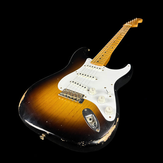 Front angle of Fender Custom Shop LTD 70th Anniversary 1954 Stratocaster Relic 2-Color Sunburst.