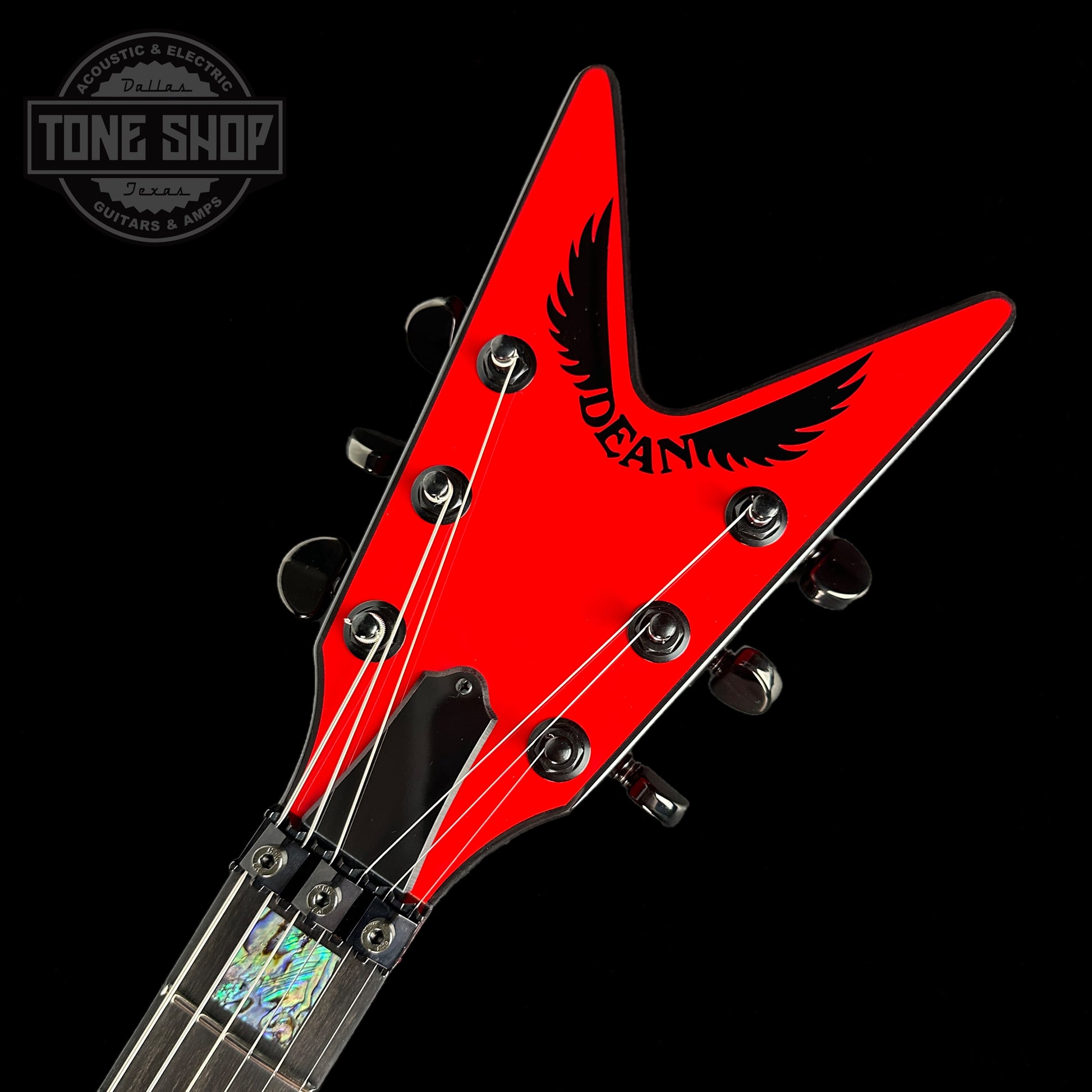 Front of headstock of Dean USA Custom Shop ML Floyd Classic Red.