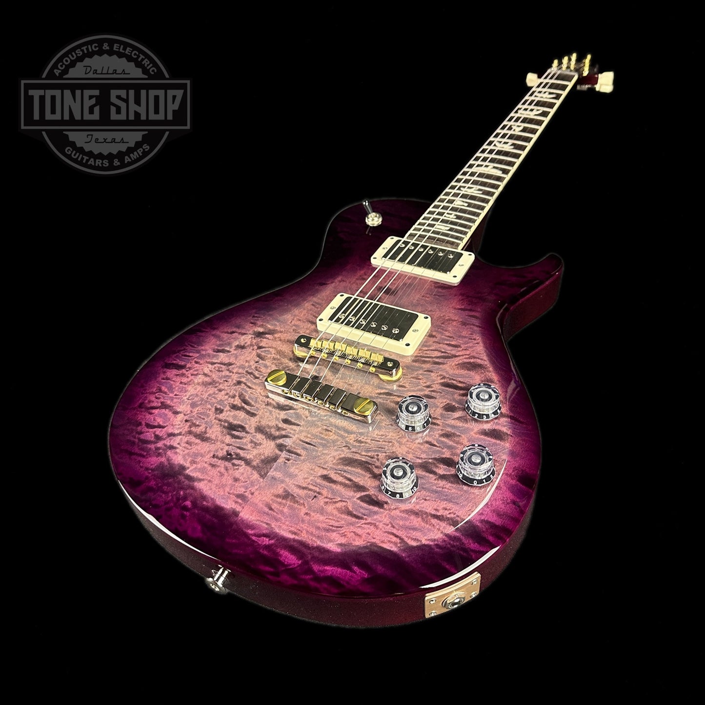Front angle of PRS Paul Reed Smith S2 McCarty 594 Singlecut Quilt Faded Gray Black Purple Burst.