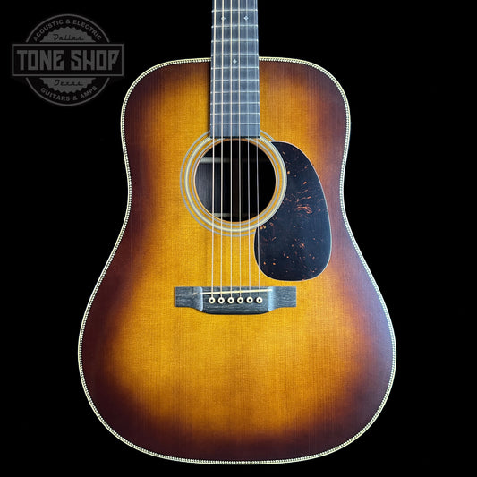 Front of body of Martin Custom Shop D-28 Authentic 1937 Vintage Low Gloss w/Ambertone Burst w/Stage 1 Aging.
