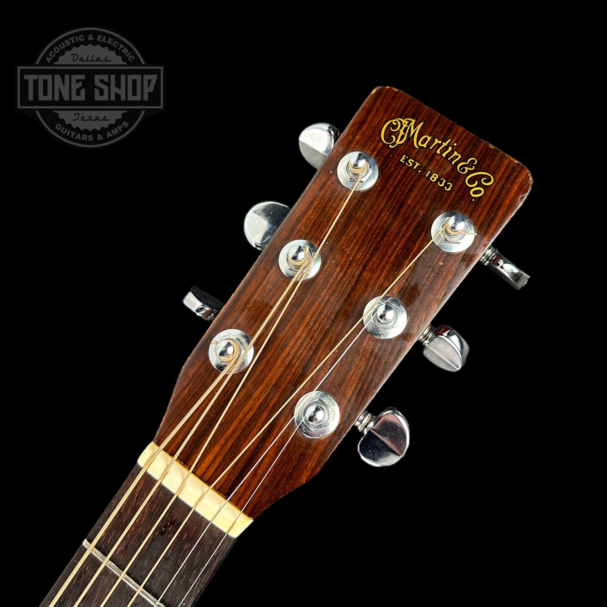 Front of headstock of Vintage 1971 Martin 00-18 Natural.