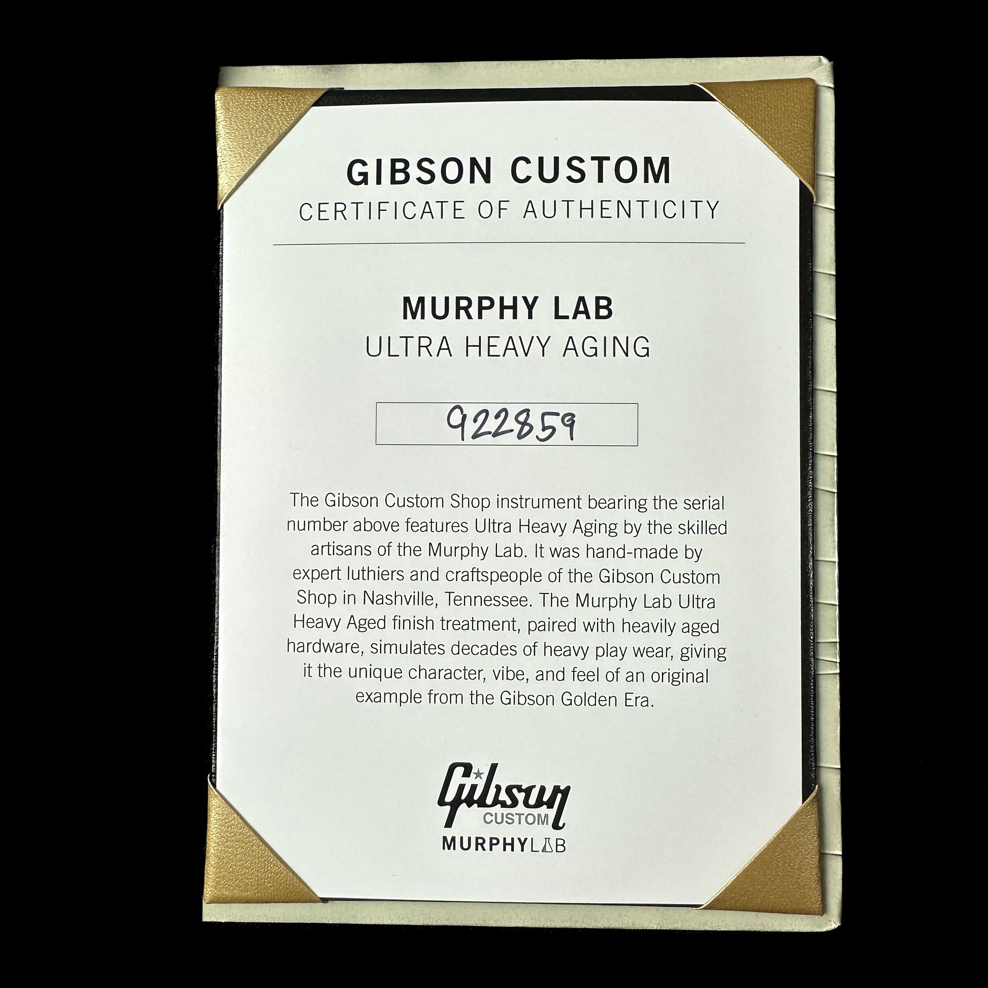 Certificate of authenticity for Gibson Custom Shop Murphy Lab 1959 Les Paul Standard Ultra Heavy Aged Lemon Burst.