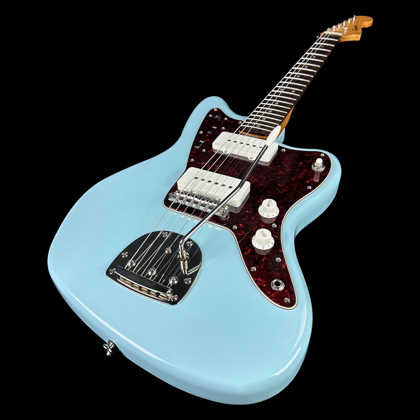Front angle of Used Squier Classic Vibe Jazzmaster Daphne Blue.