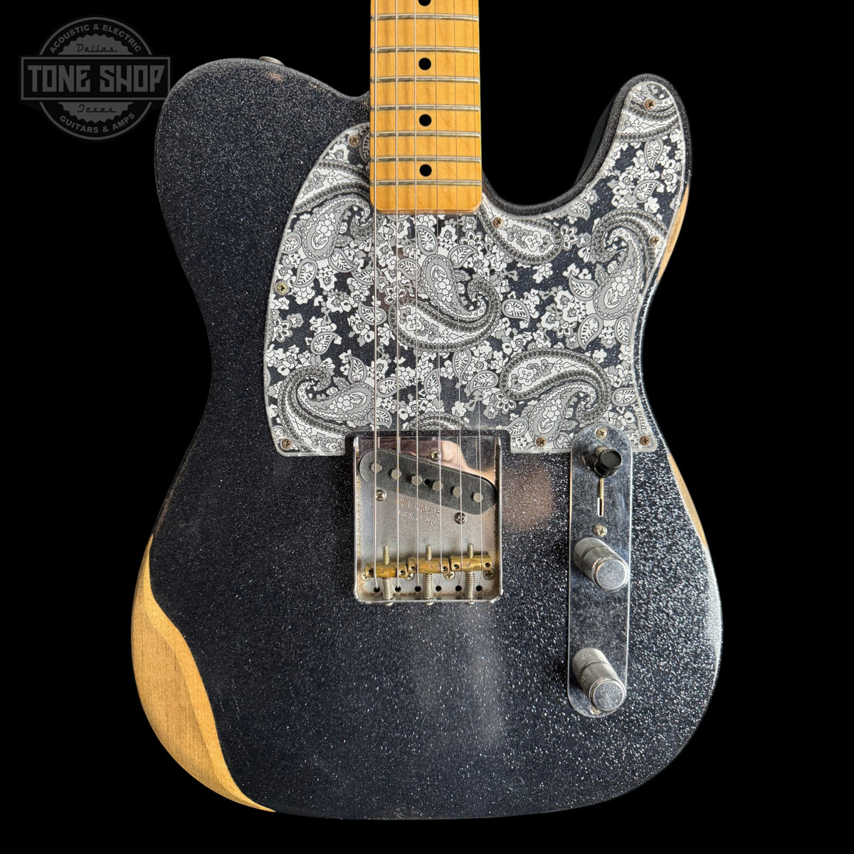 Front of Used Fender Brad Paisley Black Sparkle Esquire.