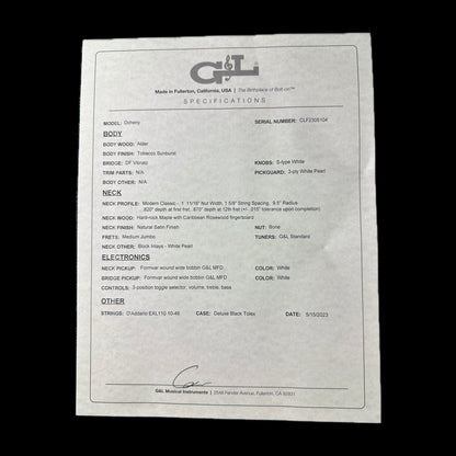 Spec sheet for G&L USA Doheny Tobacco Sunburst.