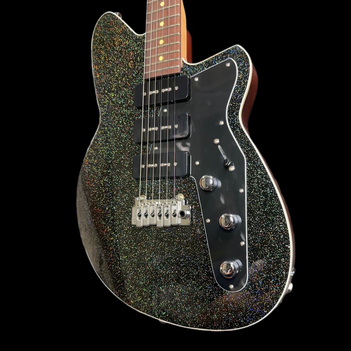 Side angle of Reverend Jetstream 390 Tone Shop Exclusive Rainbow Sparkle.