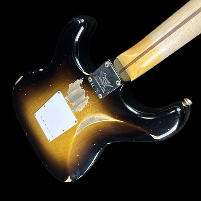Back angle of Fender Custom Shop LTD 70th Anniversary 1954 Stratocaster Heavy Relic 2-Color Sunburst.