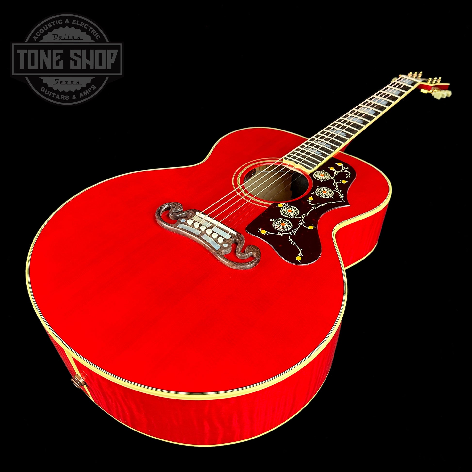Front angle of Gibson Custom Shop M2M SJ-200 Original Cherry.