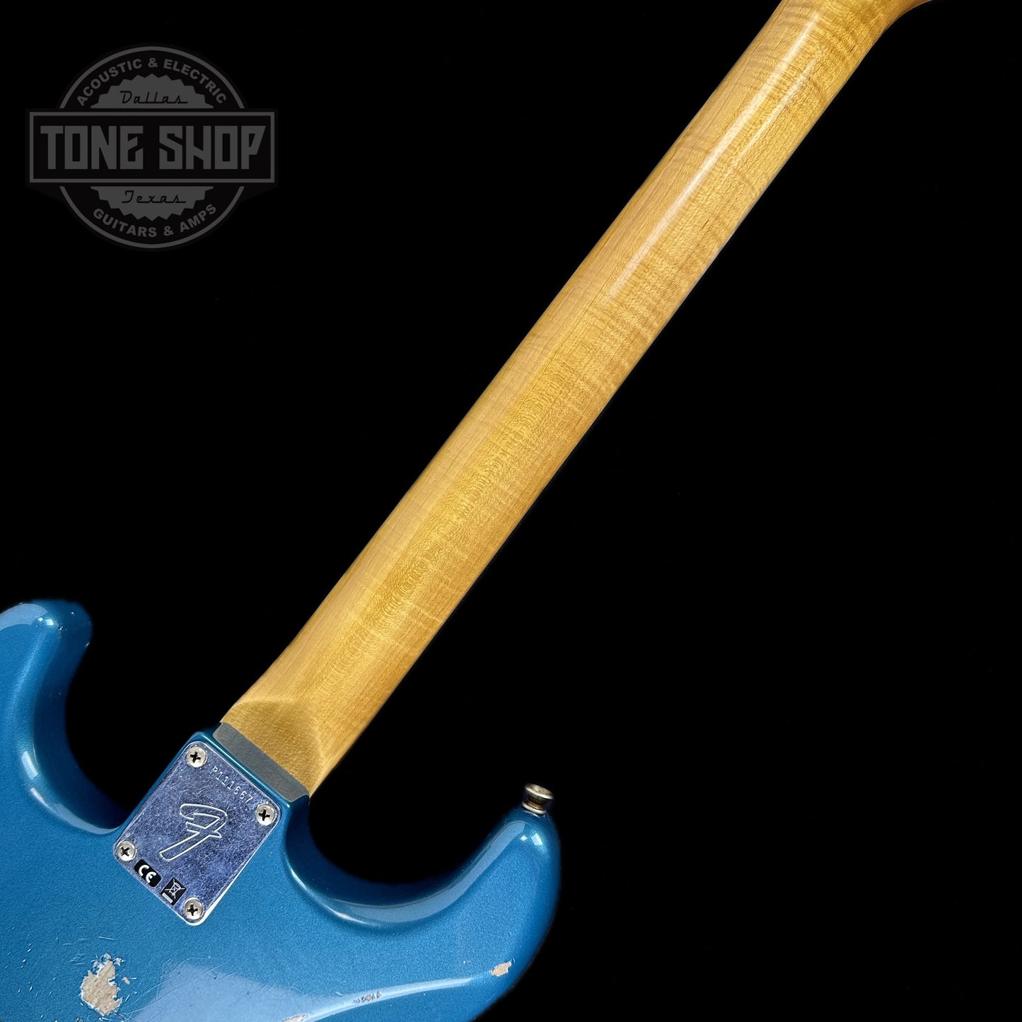 Back of neck of Fender Custom Shop 69 Stratocaster Relic HSS Ocean Turquoise Reverse Headstock.