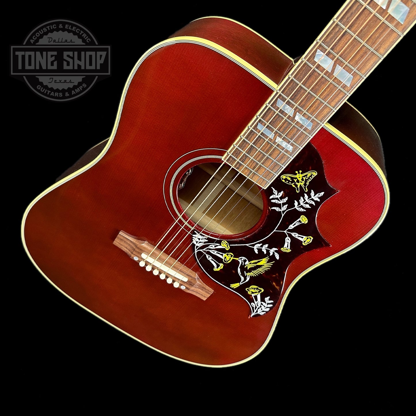 Front angle of Gibson Custom Shop M2M Hummingbird Original Wine Red.