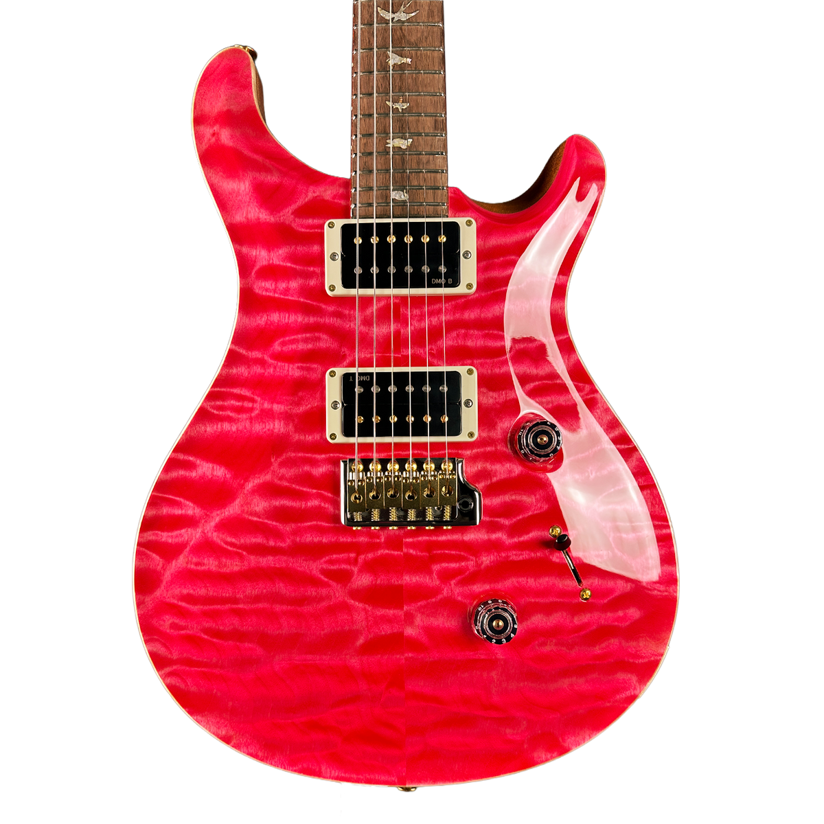 Red electric guitar with a white pickguard on a white background