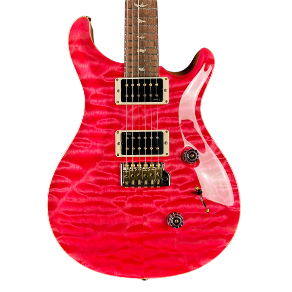 Red electric guitar with a white pickguard on a white background