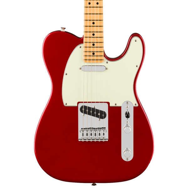 A red electric guitar with a cream pickguard and maple fretboard, shown from the front against a white background.