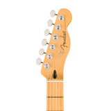 Close-up of a Fender electric guitar headstock in natural maple wood with six silver tuning pegs and black Fender script logo, shown against a plain white background.