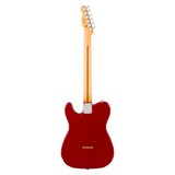 A red electric guitar shown from the back, featuring a glossy red body, a natural wood neck, and a white headstock, isolated on a white background.