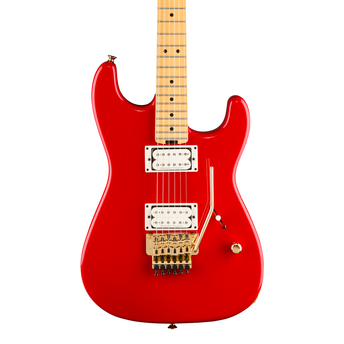 Front of Charvel American NeoClassic San Dimas SD1 HH FR Maple Ferrari Red.