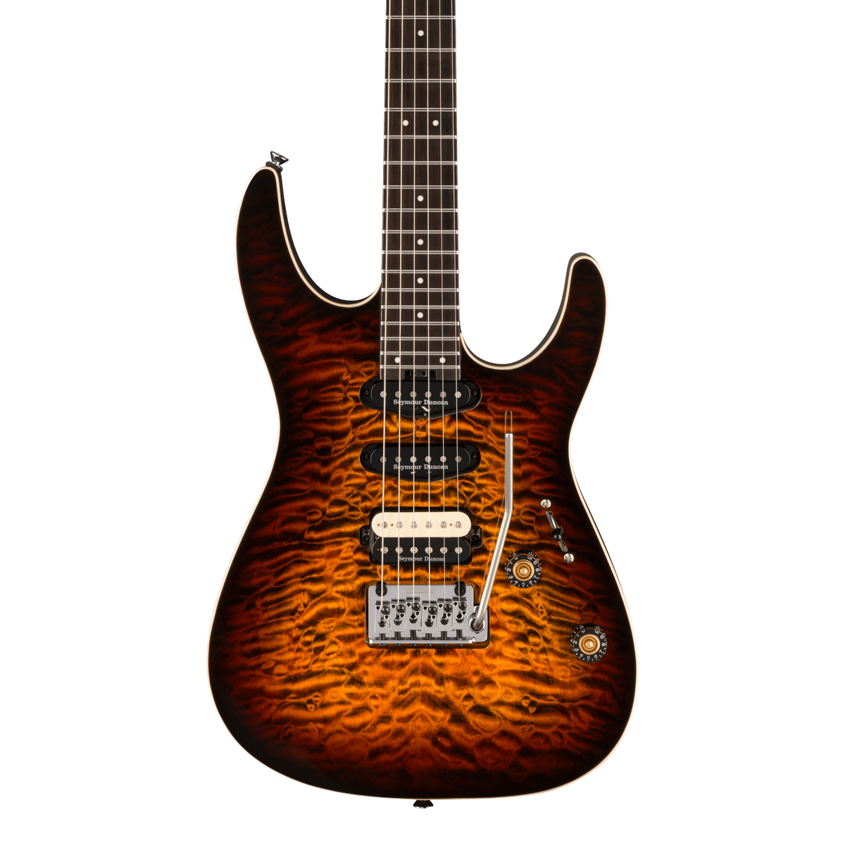 Front of Charvel Pro-Mod Plus Dinky DK24 HSS 2PT EB QM Ebony Amber Tiger Eye.
