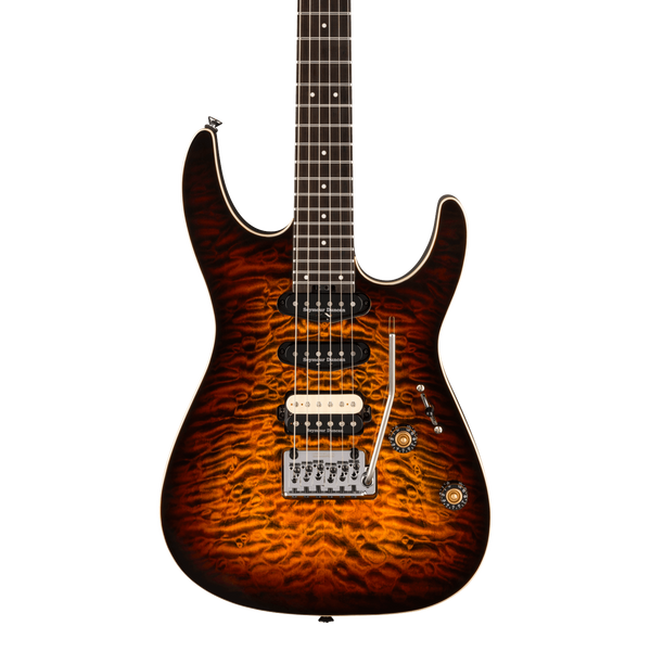 Front of Charvel Pro-Mod Plus Dinky DK24 HSS 2PT EB QM Ebony Amber Tiger Eye.