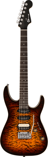 Full frontal of Charvel Pro-Mod Plus Dinky DK24 HSS 2PT EB QM Ebony Amber Tiger Eye.