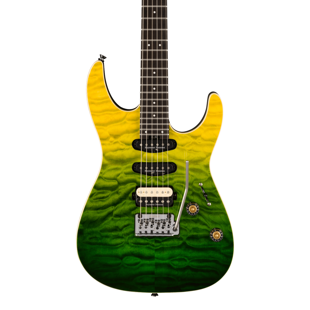 Front of Charvel Pro-Mod Plus Dinky DK24 HSS 2PT EB QM Ebony Zombie Fade.