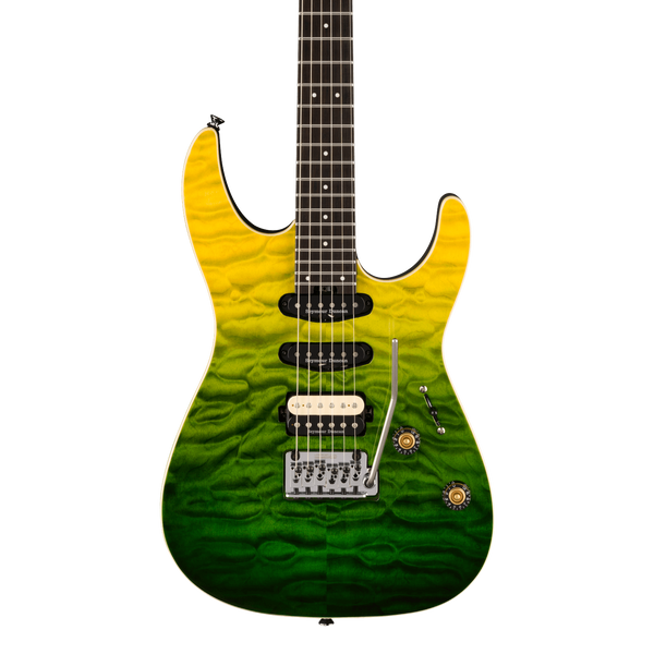 Front of Charvel Pro-Mod Plus Dinky DK24 HSS 2PT EB QM Ebony Zombie Fade.