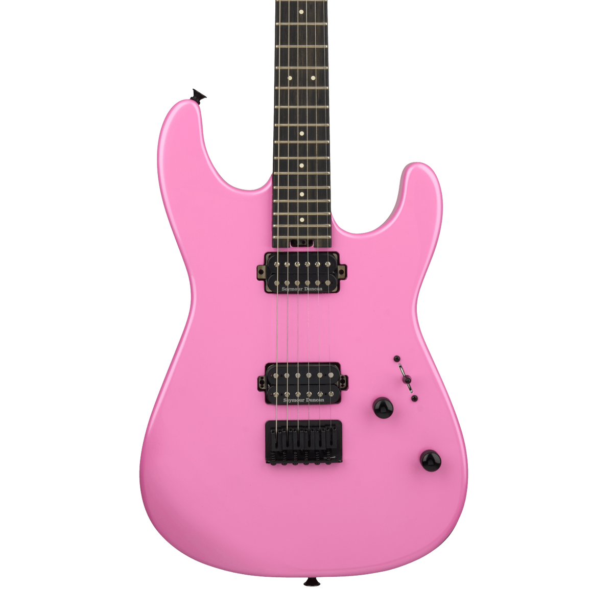 Front of Charvel Pro-Mod Plus San-Dimas Style 1 HH HT Ebony Platinum Pink.