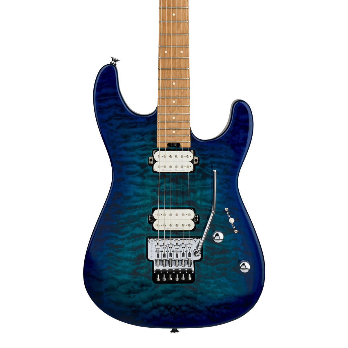 Front of Charvel Pro-Mod Plus San Dimas Style 1 HH FR Carmalized Maple Chlorine Burst.