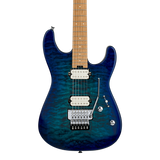 Front of Charvel Pro-Mod Plus San Dimas Style 1 HH FR Carmalized Maple Chlorine Burst.