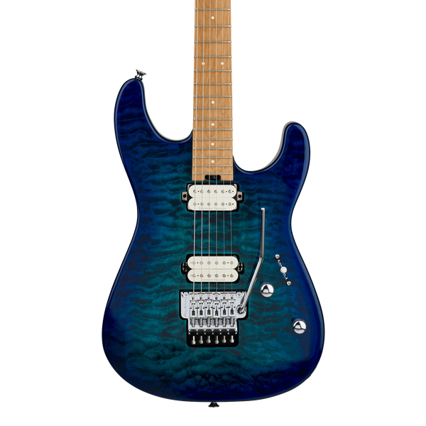 Front of Charvel Pro-Mod Plus San Dimas Style 1 HH FR Carmalized Maple Chlorine Burst.