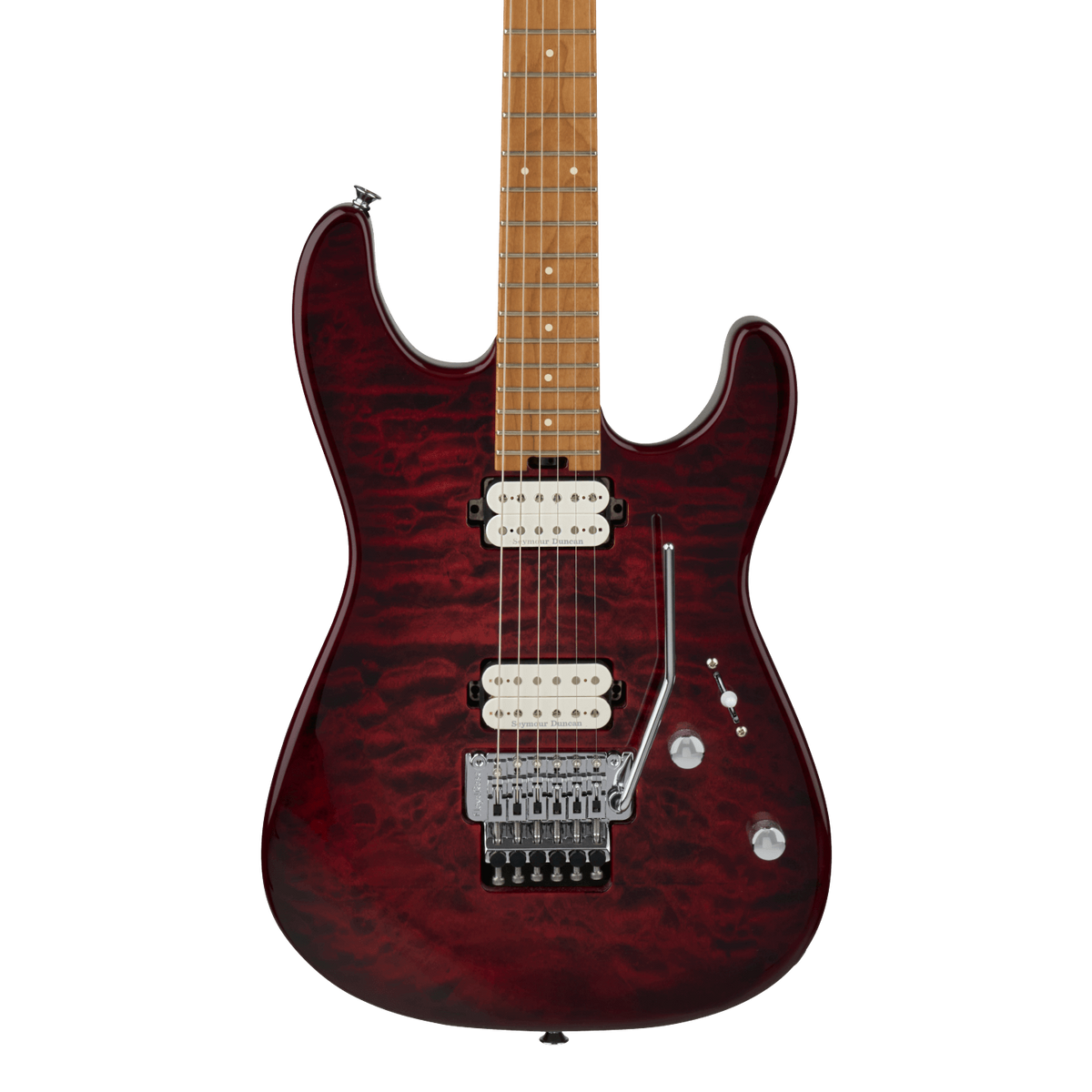 Front of Charvel Pro-Mod Plus San Dimas Style 1 HH FR Carmalized Maple Sangria Burst.