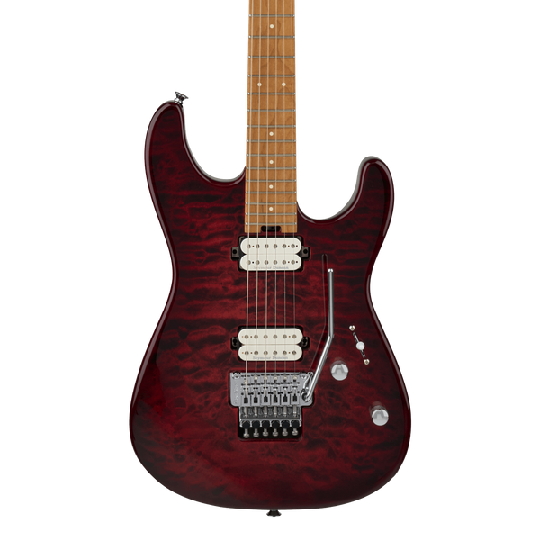 Front of Charvel Pro-Mod Plus San Dimas Style 1 HH FR Carmalized Maple Sangria Burst.