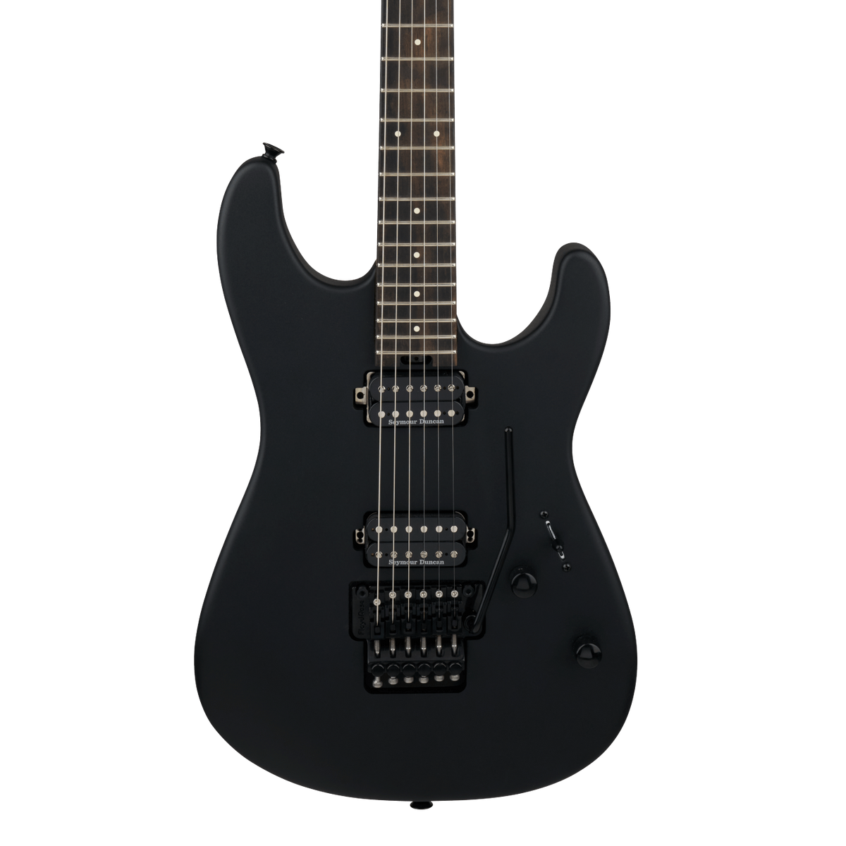 Front of Charvel Pro-Mod Plus San Dimas Style 1 HH FR Ebony Scorched Earth.