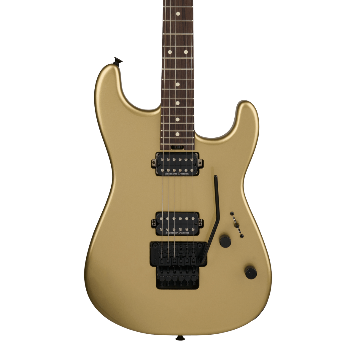 Front of Charvel Pro-Mod San Dimas Style 1 HH FR RW Pharaohs Gold.