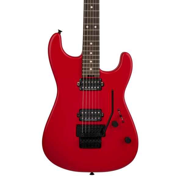 Front of Charvel Pro-Mod San Dimas Style 1 HH FR Rosewood  Satin Ferrari Red.