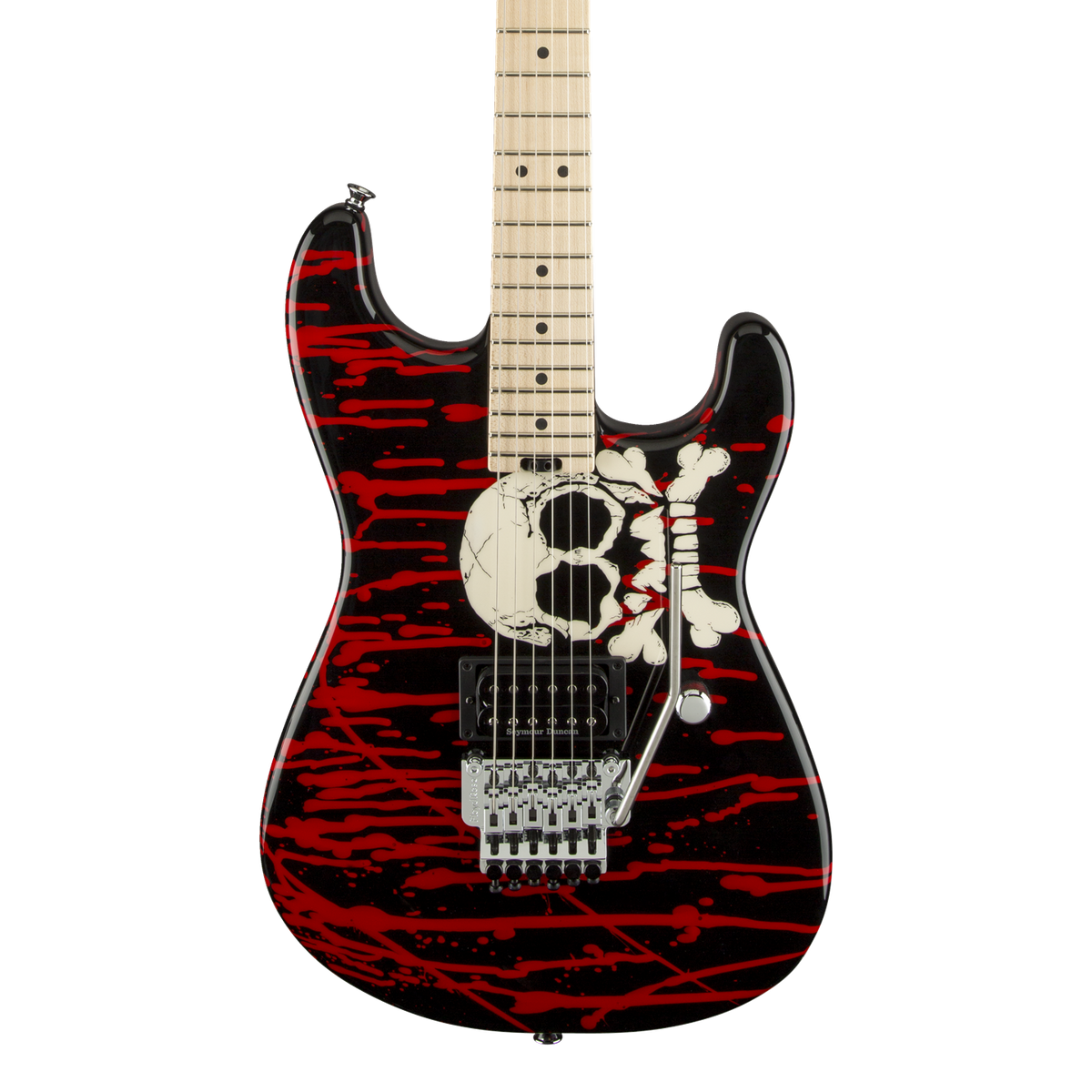 Front of Charvel Pro Mod San Dimas Warren Demartini Sig Blood and Skulls.