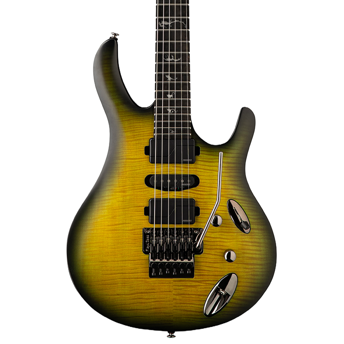 Electric guitar with a sunburst finish on a white background