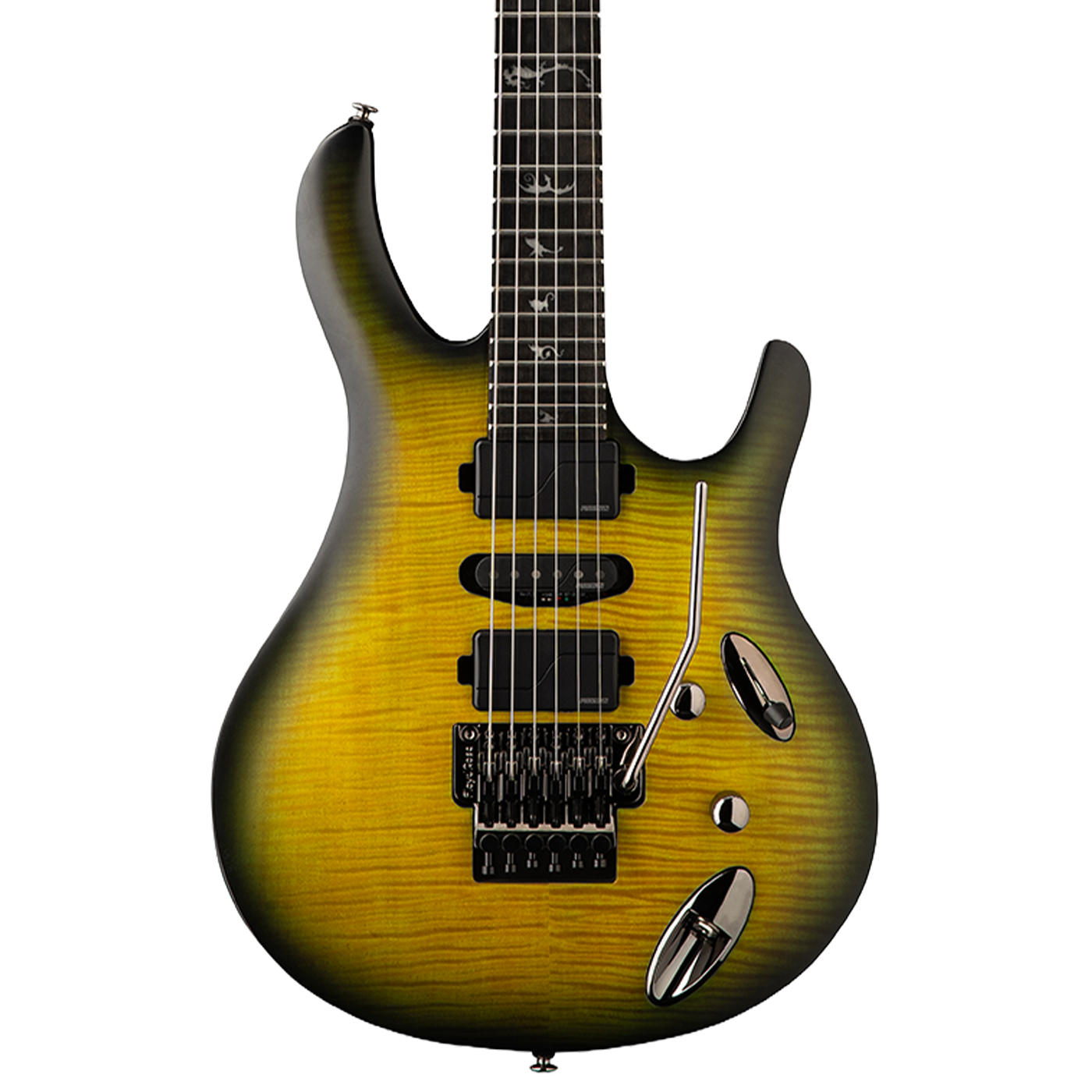 Electric guitar with a sunburst finish on a white background