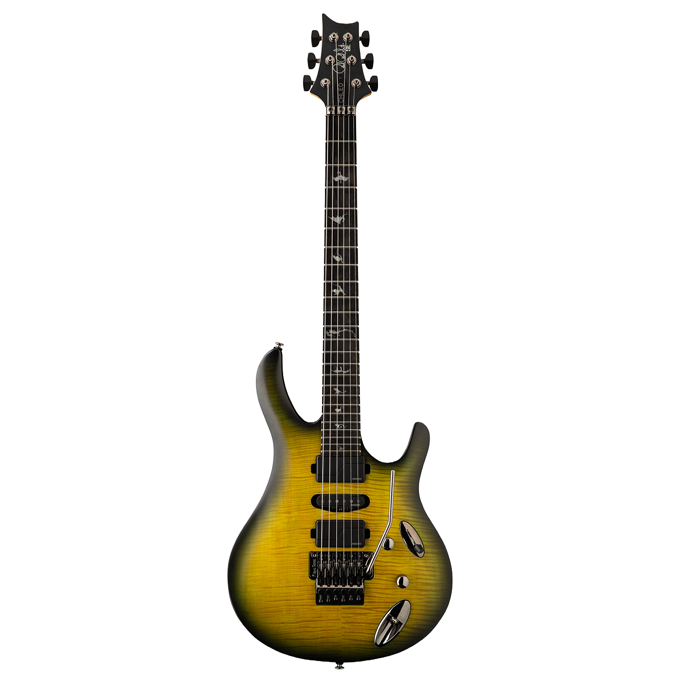 Electric guitar with a sunburst finish on a white background
