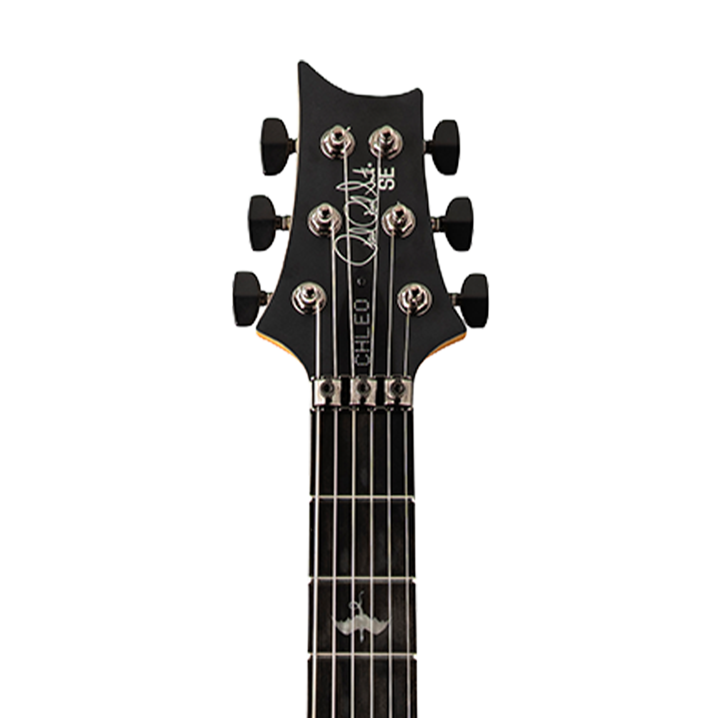 Close-up of a black electric guitar neck with headstock on a white background