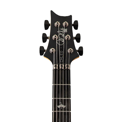 Close-up of a black electric guitar neck with headstock on a white background